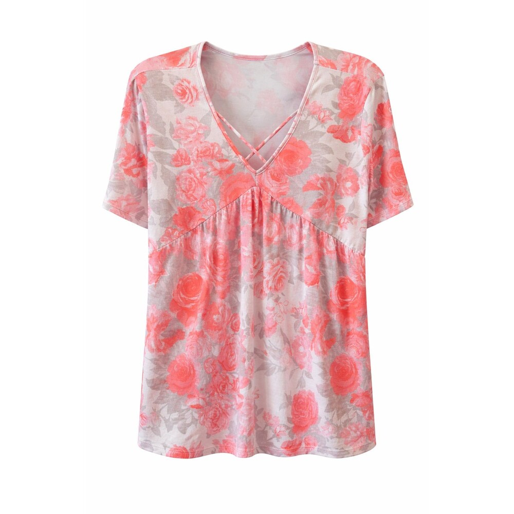 HEIMISH USA Coral Floral V-Neck Short Sleeve Blouse